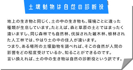 土壌動物は自然の診断役　地上の生き物と同じく、土の中の生き物も、環境ごとに違った種類が生息しています。たとえば、森と草原の土とではまったく違いますし、同じ森林でも自然林、伐採された雑木林、植林された人工林では、やはり土の中の住人が違います。 つまり、ある場所の土壌動物を調べれば、そこの自然が人間の影響をどの程度受けているか、知ることができるのです。言い換えれば、土の中の生き物は自然の診断役という訳です。
